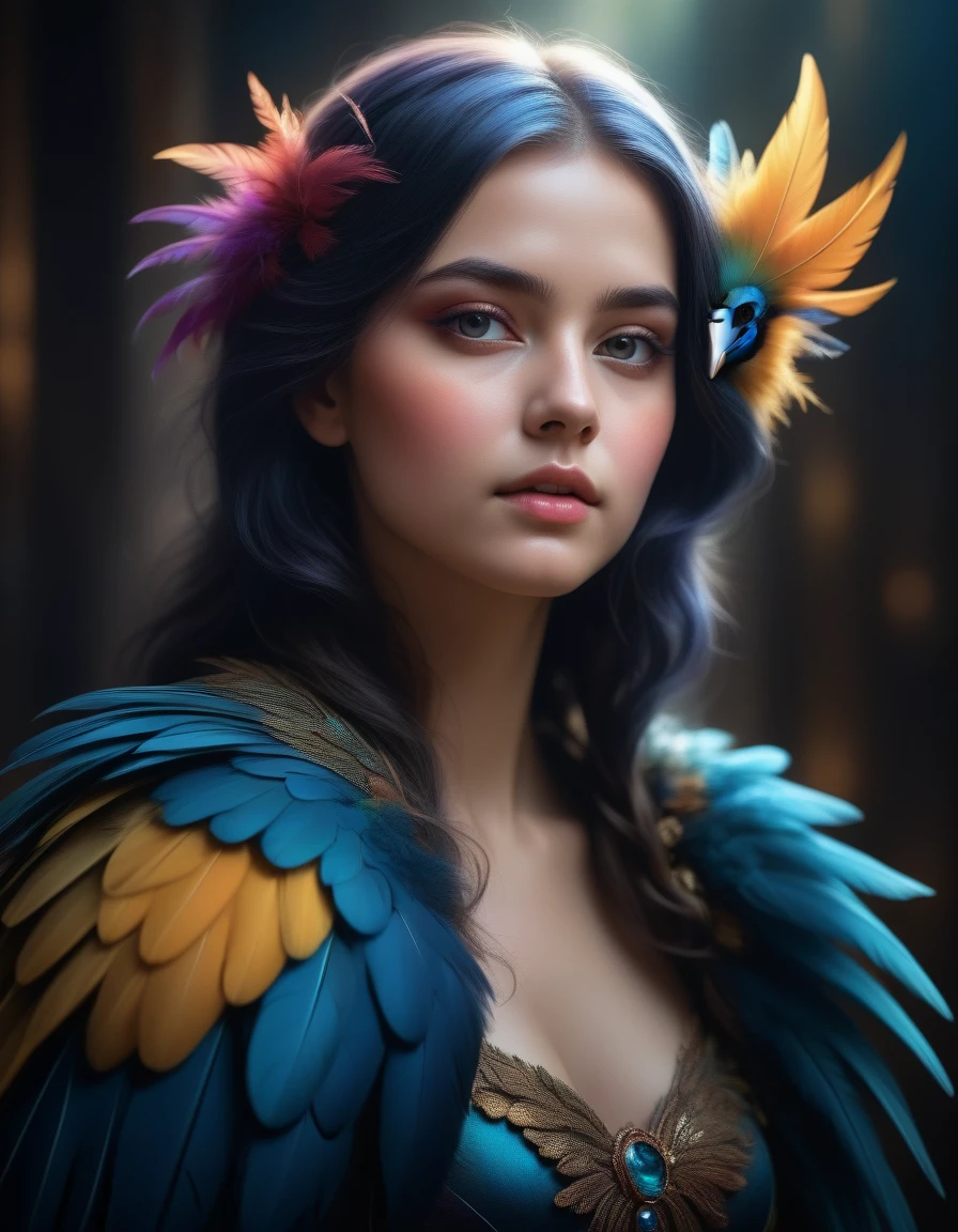 zümrüdüanka,girl,fantasy bird,mystical creature,colorful feathers,magical,detailed portrait,ethereal,dramatic lighting,intricate details,cinematic,photorealistic,vibrant colors,dramatic shadows,digital art,concept art,award winning,ultra-detailed,8k,highly detailed,masterpiece,hyperrealistic