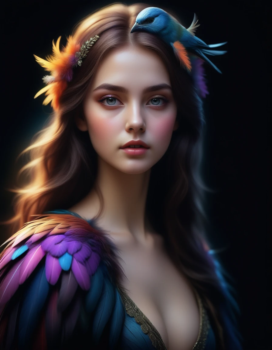 zümrüdüanka,girl,fantasy bird,mystical creature,colorful feathers,magical,detailed portrait,ethereal,dramatic lighting,intricate details,cinematic,photorealistic,vibrant colors,dramatic shadows,digital art,concept art,award winning,ultra-detailed,8k,highly detailed,masterpiece,hyperrealistic