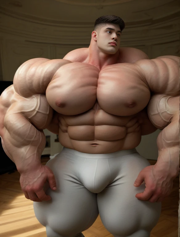 1boy, giant, alone, giant bodybuilder, illuminating light, strong body, bulk, large size, relax, standing in white room photo studio, indoor, nude, white triangular underwear, thick bulge, scratch his bulge, extraordinary big, brutalmass, giant muscular body, bulk, buff, massive body, large meaty body size, extremely wide body, sideshot