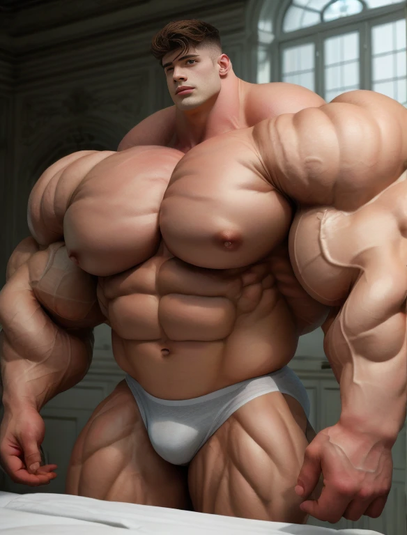 1boy, giant, alone, giant bodybuilder, illuminating light, strong body, bulk, large size, relax, standing in white room photo studio, indoor, nude, white triangular underwear, thick bulge, scratch his bulge, extraordinary big, brutalmass, giant muscular body, bulk, buff, massive body, large meaty body size, extremely wide body, sideshot