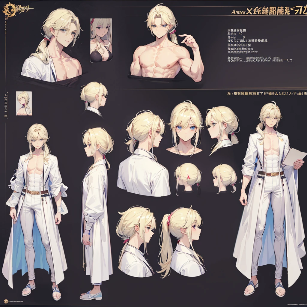 (Masterpiece, best quality), detailed, 1 man, ((character concept art)), ((character design sheet, same character, front, side, back)), full body, body complete, 1 Male angel, 1 Man angel, Detailed face, character design sheet，full bodyesbian, Highly detailed, character sheet, character design, Many parts, dark skin, angel wings, long ponytail blonde hair, angel outfit, muscle male god, male clothes, masculine, muscle man, male muscle, manly, male angel, Muscle male with long ponytail blonde hair，beautiful man, beautiful muscle man