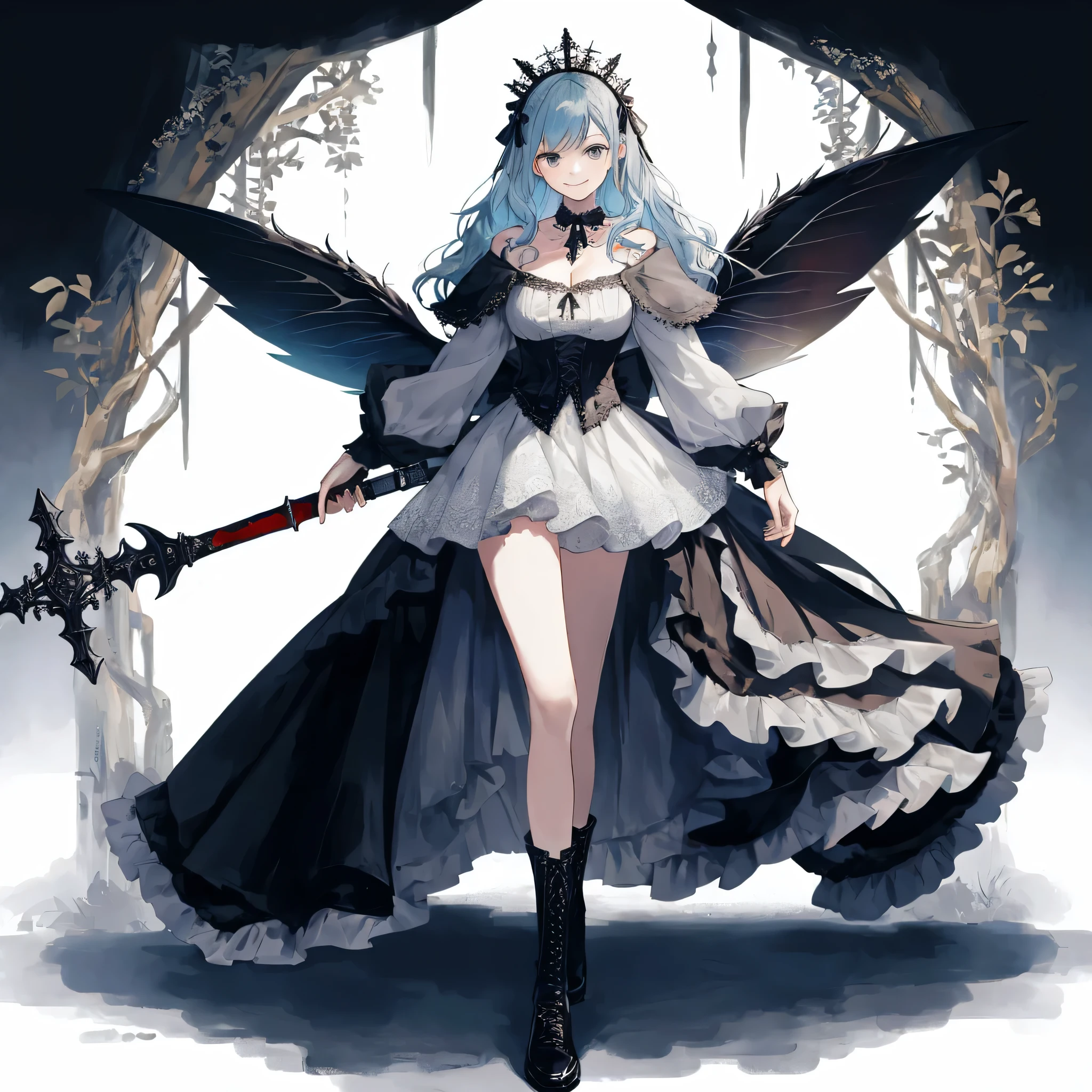 ((best quality)), ((masterpiece)), (detailed), 1girl, Character design, female, dynamic poses, long blue hair, grey white eyes, very skinny, detailed, best quality, no accesoires around the neck, prominent collarbones, skinny arms, full body, blank white background, plain background, white background, ((red and white clothing)), Bloodborne inspired, occult aesthetic, occult, detailed and intricate steampunk and detailed gothic, Very dramatic and cinematic lighting, cosmic horror, grim-dark, side-lighting, perfect face, Fluttering lace flared long knee length dress with frilly petticoats, knee length dress, pleated petticoats, petticoats gothic, complex lace boots, side-lighting, gothic aesthetic, wielding a mighty sword with mechanical components, mandalas, small breasts, a fairy, various different types of insect wings,full body, whole body, white holy clothes,white holy clothes,((evil smile)),blue hair,she has a big sword in her hand,