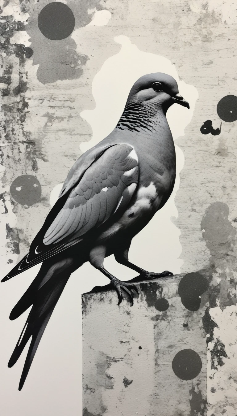 Collage style colorless paint spots, Risograph printing, masterpiece, Asymmetrical spooky dove, Highest quality, Prince Core, Provia, . Mixed Media, Layered, Textured, detailed, Artistic