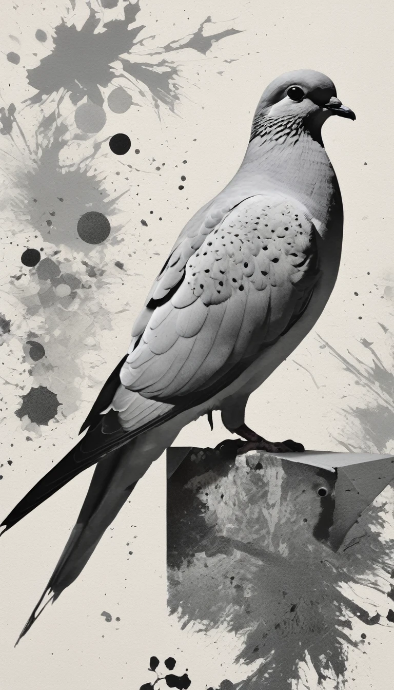 Collage style colorless paint spots, Risograph printing, masterpiece, Asymmetrical spooky dove, Highest quality, Prince Core, Provia, . Mixed Media, Layered, Textured, detailed, Artistic