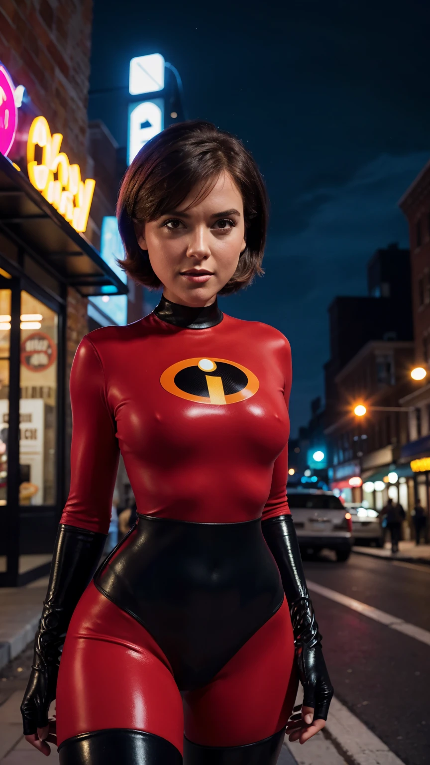 Masterpiece, (photorealistic1.4),Best quality, (solo), (1girl on night street)), (epiCRealLife), (lora:epiCFlashPhoto), (photorealistic1.4), (night scene), (night sky), (Helen Parr latex costume), (dakojohnold ), (dakojohnold), black elbow gloves), (black thighhigh), (Helen Parr bodysuit), (helen parr thighhigh) (helen parr short hair), (Helen Parr hairstyle), (outside patio), (1girl), (look at viewer), (demure), (close up), (spot light), (flashphoto), (night time), (at night), (cowboy shots), (upper body shot), (from front), (new york night street), (neon signs), (from front), (pose for pictures),