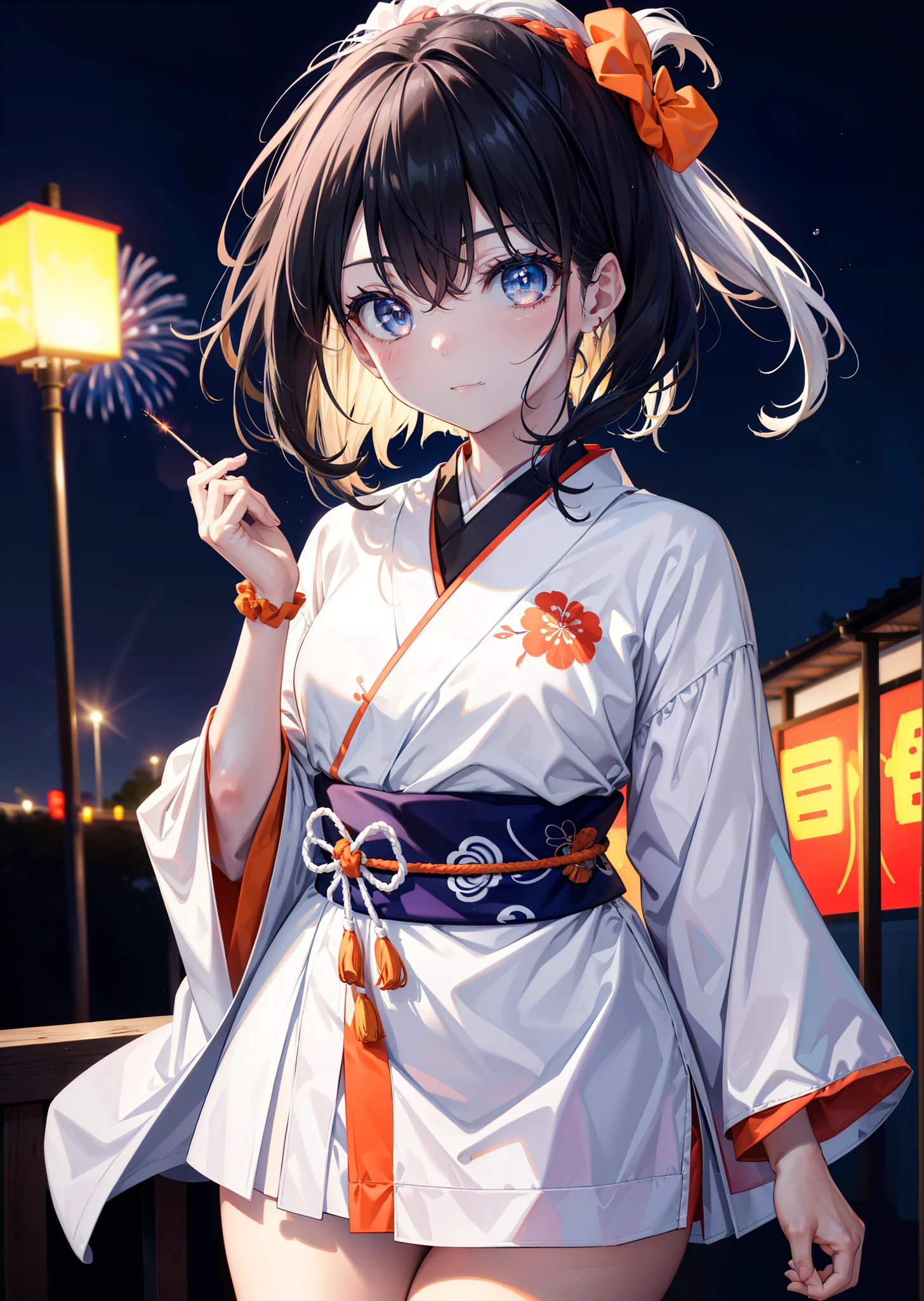Takada Rokka, Black Hair, blue eyes, Long Hair, orange Scrunchie, Scrunchie, wrist Scrunchie, single hair band,White Kimono,Long skirt,Thick sleeves,日本のfestival,夏festivalの屋台,Red lantern,happy smile, smile, Open your mouth,Fireworks,The place is a fireworks display、Time is night,Walking,whole bodyがイラストに入るように,
break outdoors, festival,
break looking at viewer, whole body,(Cowboy Shot:1. 5),
break (masterpiece:1.2), Highest quality, High resolution, unity 8k wallpaper, (shape:0.8), (Fine and beautiful eyes:1.6), Highly detailed face, Perfect lighting, Highly detailed CG, (Perfect hands, Perfect Anatomy),