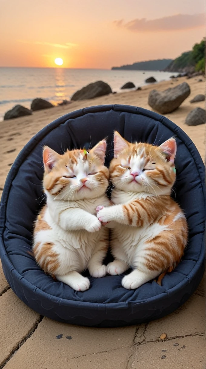 With the sunset in the background,(masterpiece:1.2, high quality), sleep together２Munchkin kittens、