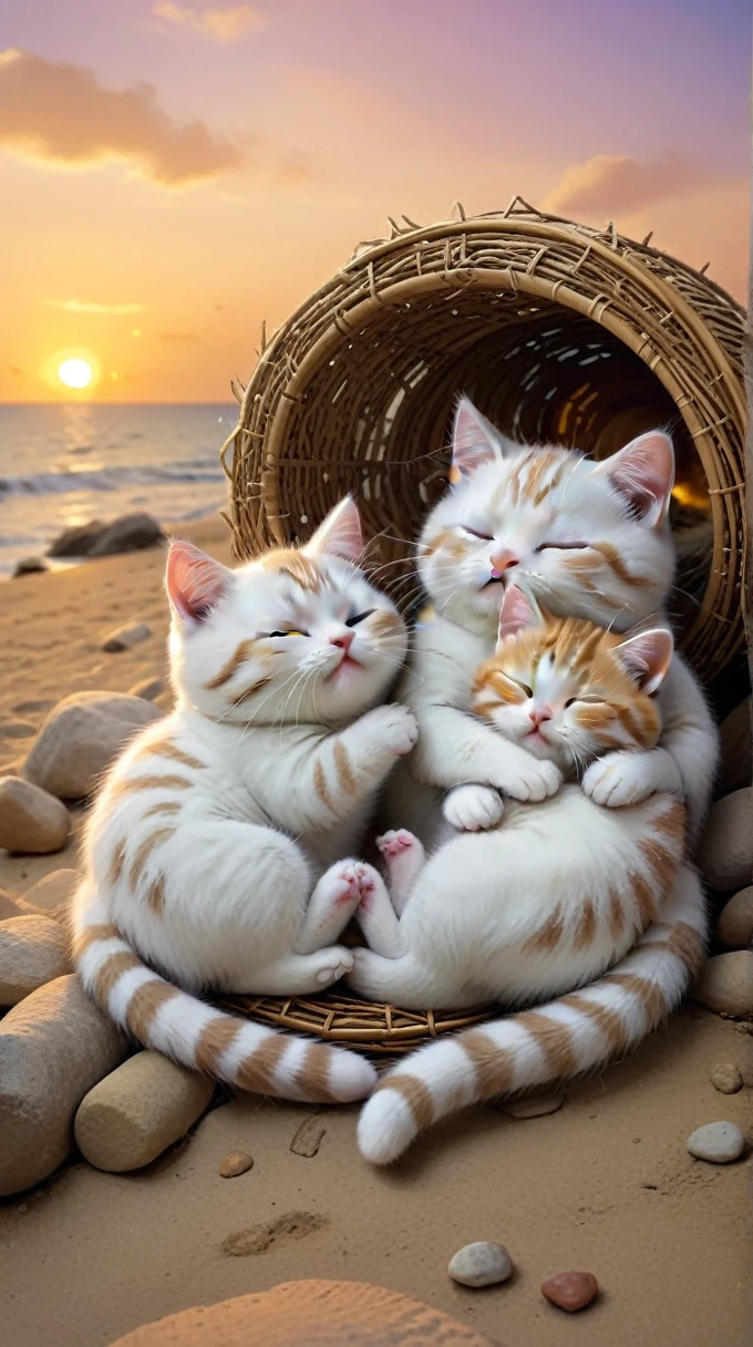 With the sunset in the background,(masterpiece:1.2, high quality), sleep together2Munchkin kittens、