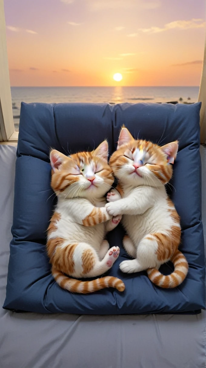 With the sunset in the background,(masterpiece:1.2, high quality), sleep together２Munchkin kittens、