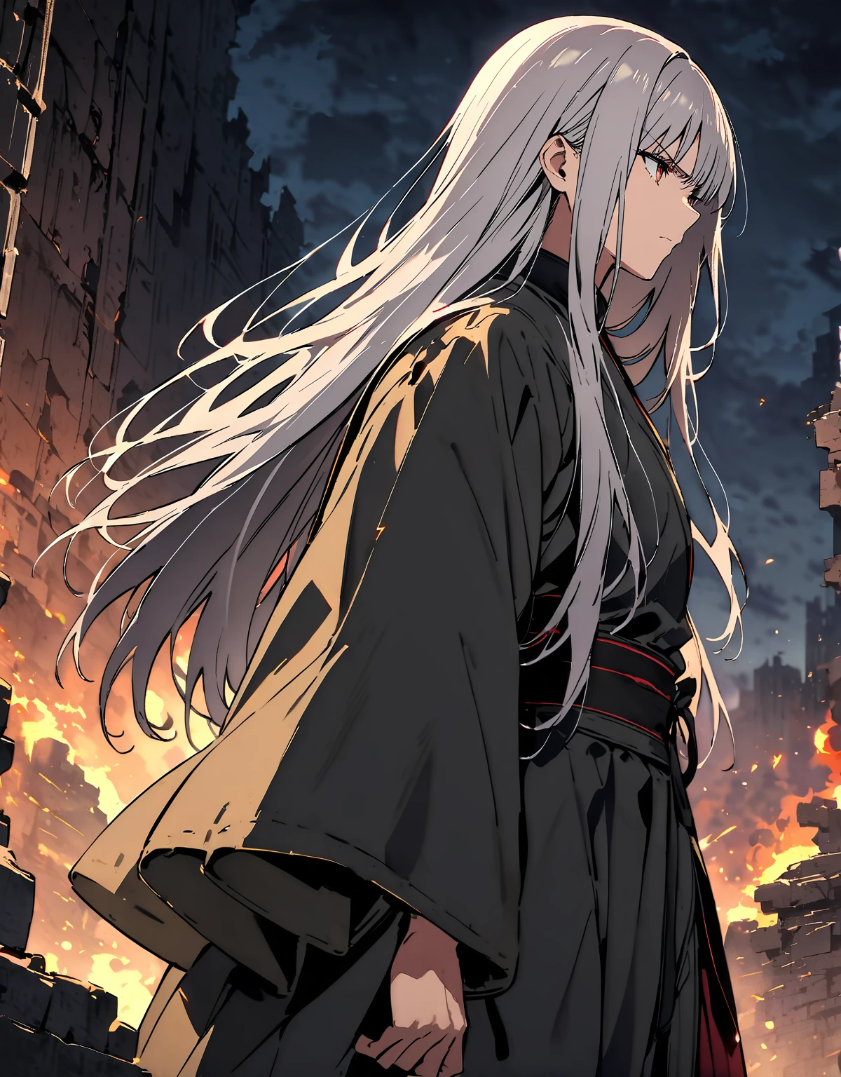 Highest quality、Very high quality、high resolution、Serious face,(Detailed face), (Fine grain),Gray-haired  流れるような髪と長い全身ローブ, Black boots,(The moon behind him),  白いLong Hairの,  Gray-haired, Long Hair,(Looking up at the sky)profile,Background ruins