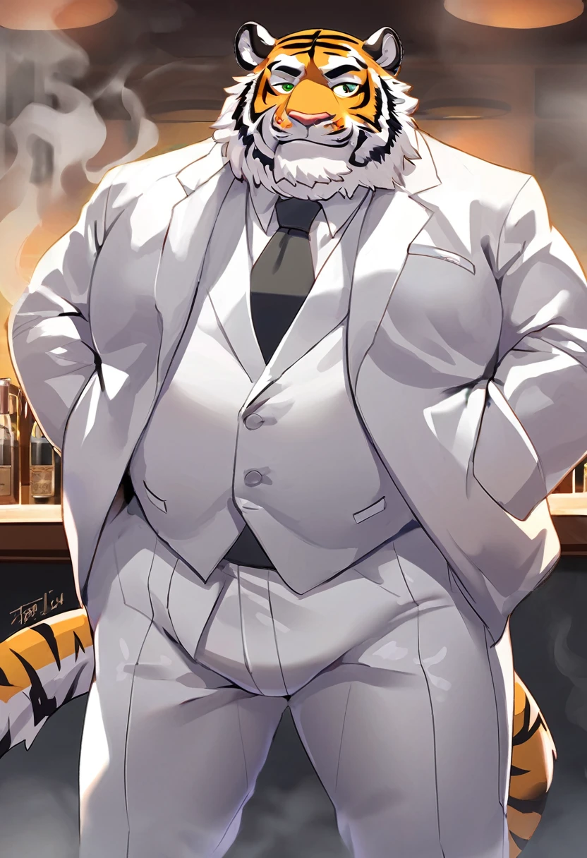 Tiger，personification，Mature male，Bad Uncle，flirty expression，Green pupils，Black eyebrows，White suit suit，Hands in pockets，The Age of Steam，Lively bar。