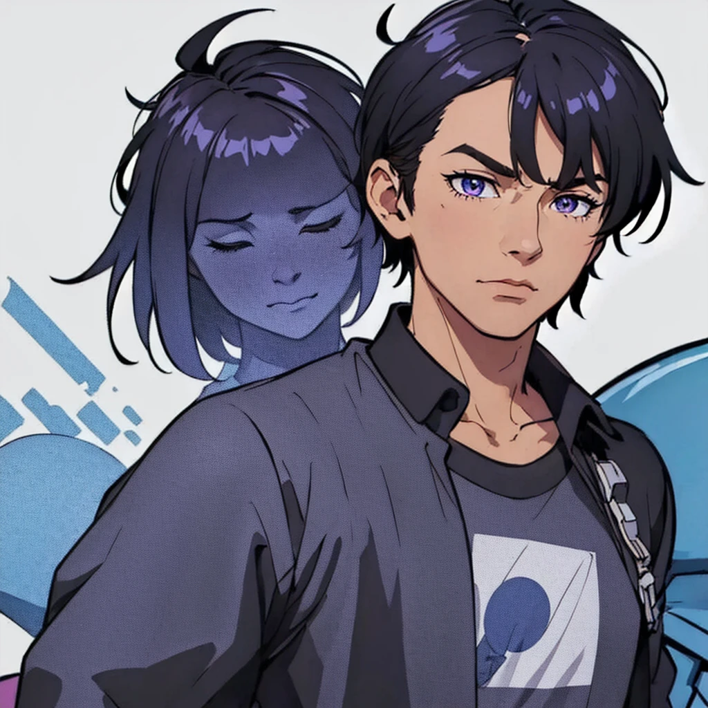 full face visible, looking towards camera, looking forward, short black hair, highres, high resolution, masterpiece, talking, neutral face, confident, masterpiece, best quality, highres, 1 man, 1 person, 1 entity, Baro Shoei blue lock, extremely short hair, black hair, short hair, teenager, colorful hair, light background, full body, teenager, colorful parts, symbols, dark , bold, realistic mixing dark lines and loose lines, bold lines, on paper, human man, full body, imposing pose, stylish outfit, dark theme, handsome, attractive, boastful, standing, male, sharp chin, wide jaw, square face, white background, highres, high resolution, masterpiece, eyews closed, eyes shut, no eyes, eyes gone