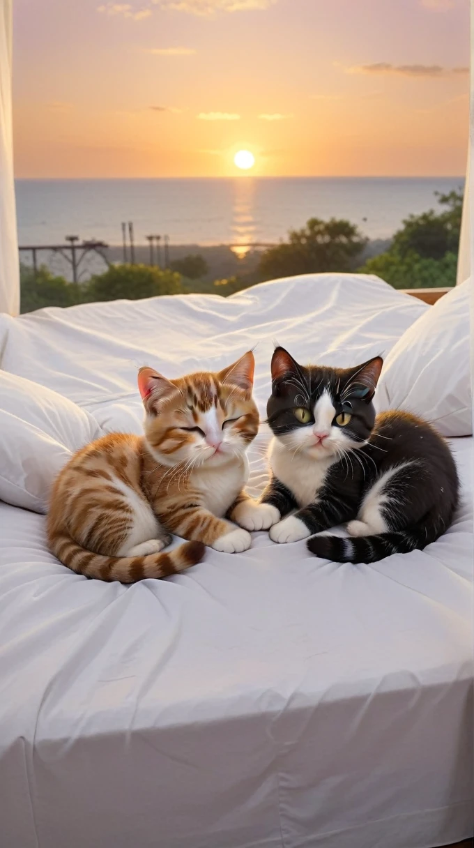 With the sunset in the background,(masterpiece:1.2, high quality), Sleep in bed together2Munchkin kittens、