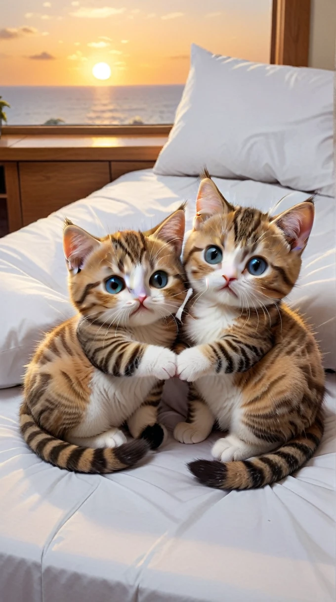 With the sunset in the background,(masterpiece:1.2, high quality), Sleep in bed together2Munchkin kittens、