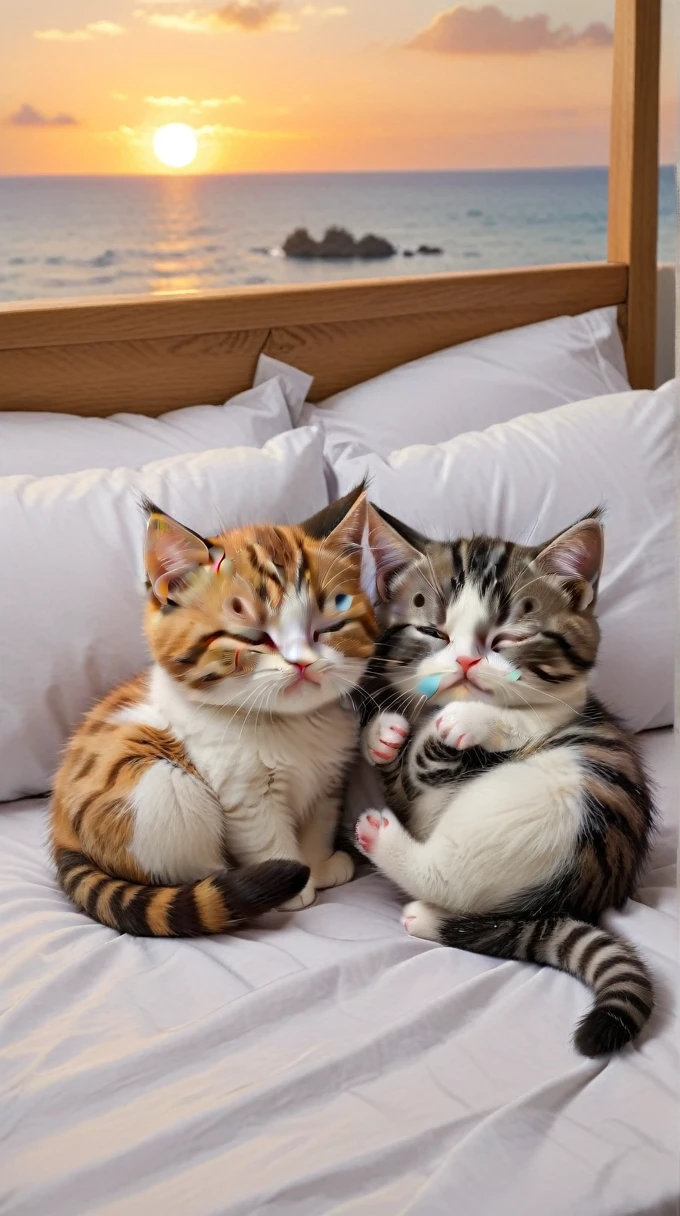 With the sunset in the background,(masterpiece:1.2, high quality), Sleep in bed together2Munchkin kittens、