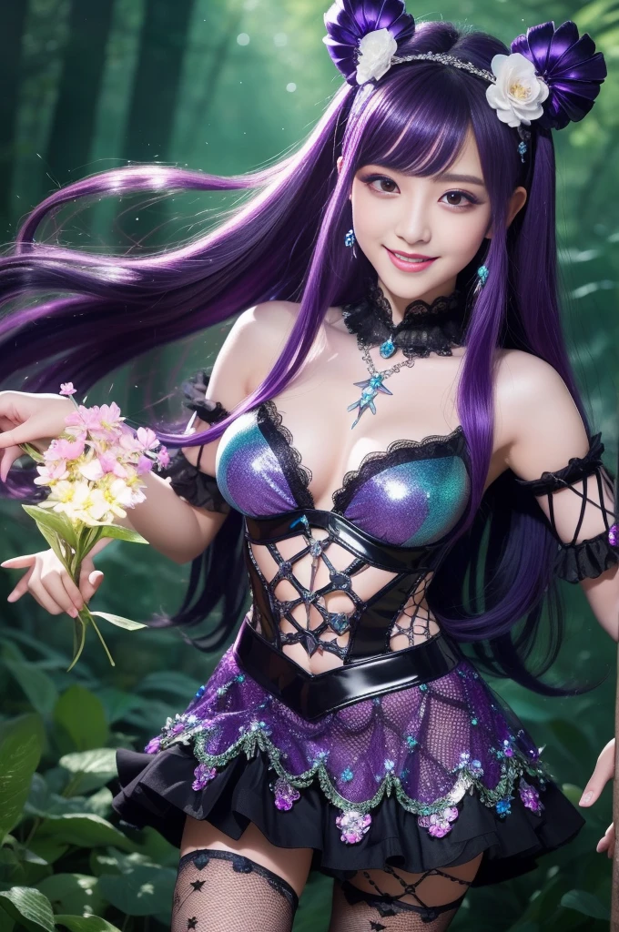 sexy princess who controls poison、beautiful smile、lipgloss、long lashes、smokey eyeshadow、look at the camera、full body Esbian、、sparkling poisoned flower costume、、、、shiny sparkling multicolor hair、secrete poison、skull hair accessories、fishnet tights、shiny sparkling dark magic forest background