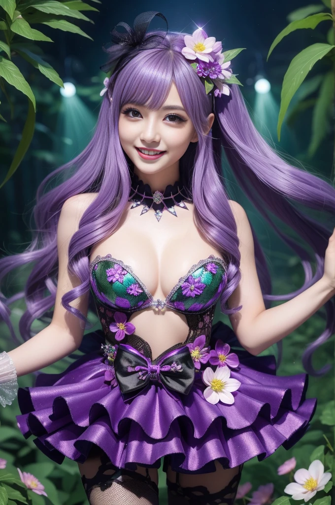 sexy princess who controls poison、beautiful smile、lipgloss、long lashes、smokey eyeshadow、look at the camera、full body Esbian、、sparkling poisoned flower costume、、、、shiny sparkling multicolor hair、secrete poison、skull hair accessories、fishnet tights、shiny sparkling dark magic forest background