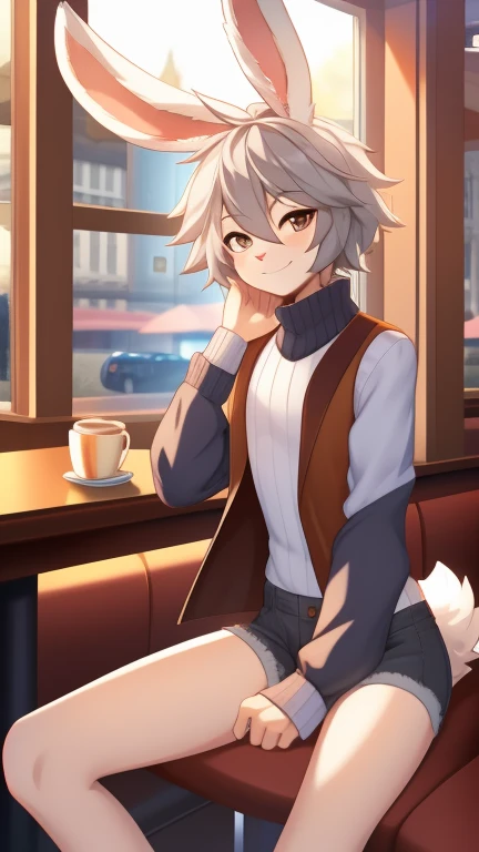 Best quality, Super detailed illustration, Warm colors, perfect lighting, (Fluffy bunny boy:1.4), white fur ,feminine face and body, disheveled thick gray hair, short shorts, Long-sleeved sweater, vest, sitting in a cafe by the window, smug smile, half-closed eyes , a femboy, slim, Perfect body, Cute