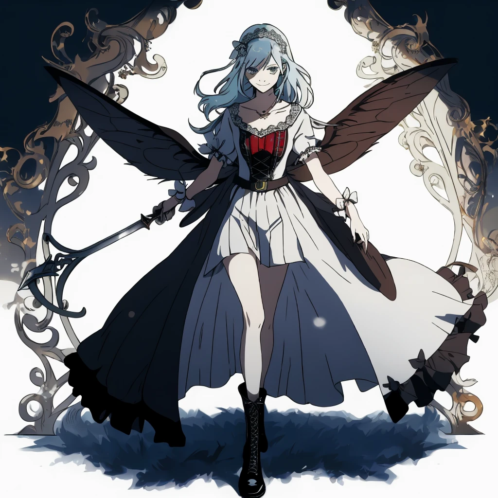  ((best quality)), ((masterpiece)), (detailed), 1girl, Character design, female, dynamic poses, long blue hair, grey white eyes, very skinny, detailed, best quality, no accesoires around the neck, prominent collarbones, skinny arms, full body, blank white background, plain background, white background, ((red and white clothing)), Bloodborne inspired, occult aesthetic, occult, detailed and intricate steampunk and detailed gothic, Very dramatic and cinematic lighting, cosmic horror, grim-dark, side-lighting, perfect face,  Fluttering lace flared long knee length dress with frilly petticoats, knee length dress, pleated petticoats, petticoats gothic, complex lace boots, side-lighting, gothic aesthetic, wielding a mighty sword with mechanical components, mandalas, small breasts, a fairy, various different types of insect wings,full body, whole body, white holy clothes,white holy clothes,((evil smile)),blue hair,she has a big sword in her hand,