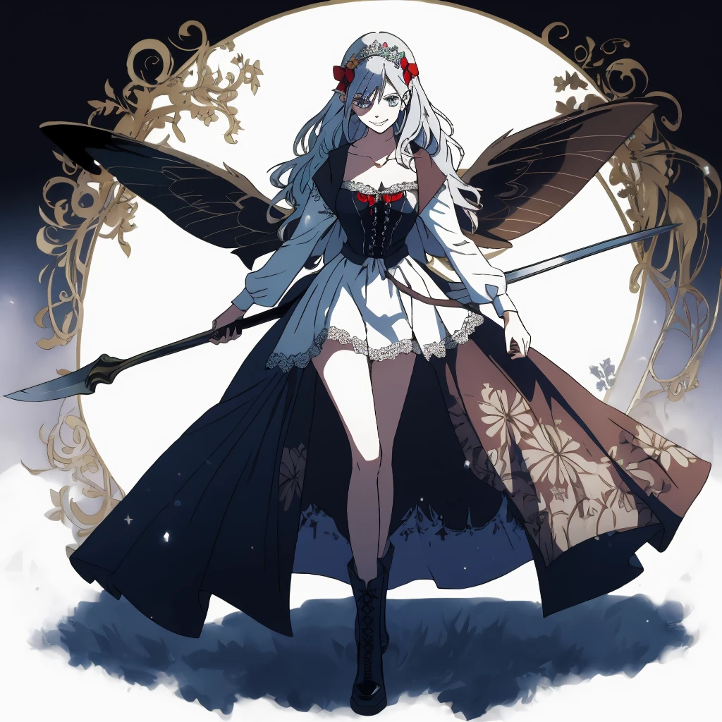  ((best quality)), ((masterpiece)), (detailed), 1girl, Character design, female, dynamic poses, long blue hair, grey white eyes, very skinny, detailed, best quality, no accesoires around the neck, prominent collarbones, skinny arms, full body, blank white background, plain background, white background, ((red and white clothing)), Bloodborne inspired, occult aesthetic, occult, detailed and intricate steampunk and detailed gothic, Very dramatic and cinematic lighting, cosmic horror, grim-dark, side-lighting, perfect face,  Fluttering lace flared long knee length dress with frilly petticoats, knee length dress, pleated petticoats, petticoats gothic, complex lace boots, side-lighting, gothic aesthetic, wielding a mighty sword with mechanical components, mandalas, small breasts, a fairy, various different types of insect wings,full body, whole body, white holy clothes,white holy clothes,((evil smile)),blue hair,she has a big sword in her hand,