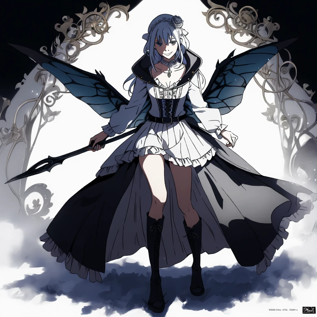  ((best quality)), ((masterpiece)), (detailed), 1girl, Character design, female, dynamic poses, long blue hair, grey white eyes, very skinny, detailed, best quality, no accesoires around the neck, prominent collarbones, skinny arms, full body, blank white background, plain background, white background, ((red and white clothing)), Bloodborne inspired, occult aesthetic, occult, detailed and intricate steampunk and detailed gothic, Very dramatic and cinematic lighting, cosmic horror, grim-dark, side-lighting, perfect face,  Fluttering lace flared long knee length dress with frilly petticoats, knee length dress, pleated petticoats, petticoats gothic, complex lace boots, side-lighting, gothic aesthetic, wielding a mighty sword with mechanical components, mandalas, small breasts, a fairy, various different types of insect wings,full body, whole body, white holy clothes,white holy clothes,((evil smile)),blue hair,she has a big sword in her hand,