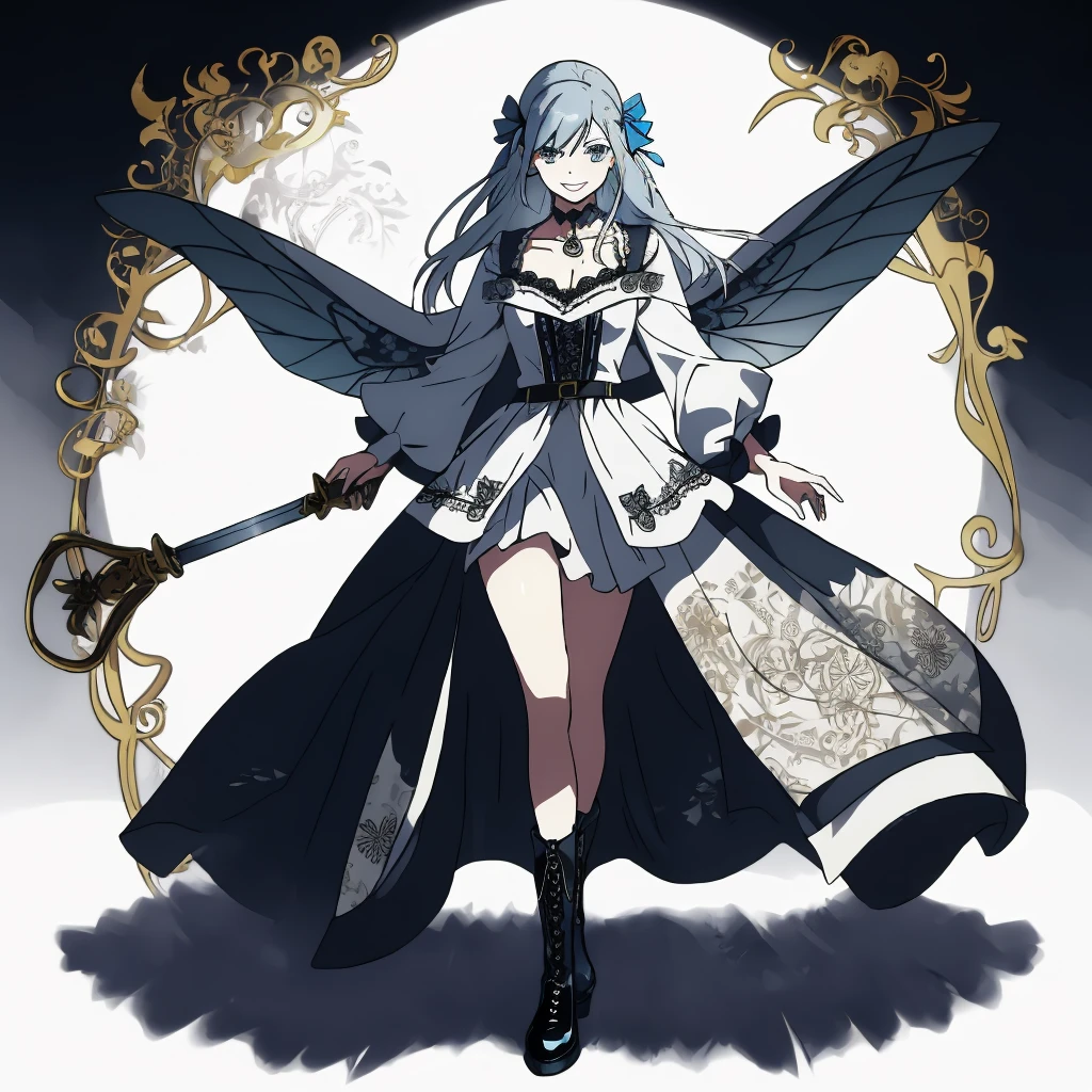  ((best quality)), ((masterpiece)), (detailed), 1girl, Character design, female, dynamic poses, long blue hair, grey white eyes, very skinny, detailed, best quality, no accesoires around the neck, prominent collarbones, skinny arms, full body, blank white background, plain background, white background, ((red and white clothing)), Bloodborne inspired, occult aesthetic, occult, detailed and intricate steampunk and detailed gothic, Very dramatic and cinematic lighting, cosmic horror, grim-dark, side-lighting, perfect face,  Fluttering lace flared long knee length dress with frilly petticoats, knee length dress, pleated petticoats, petticoats gothic, complex lace boots, side-lighting, gothic aesthetic, wielding a mighty sword with mechanical components, mandalas, small breasts, a fairy, various different types of insect wings,full body, whole body, white holy clothes,white holy clothes,((evil smile)),blue hair,she has a big sword in her hand,