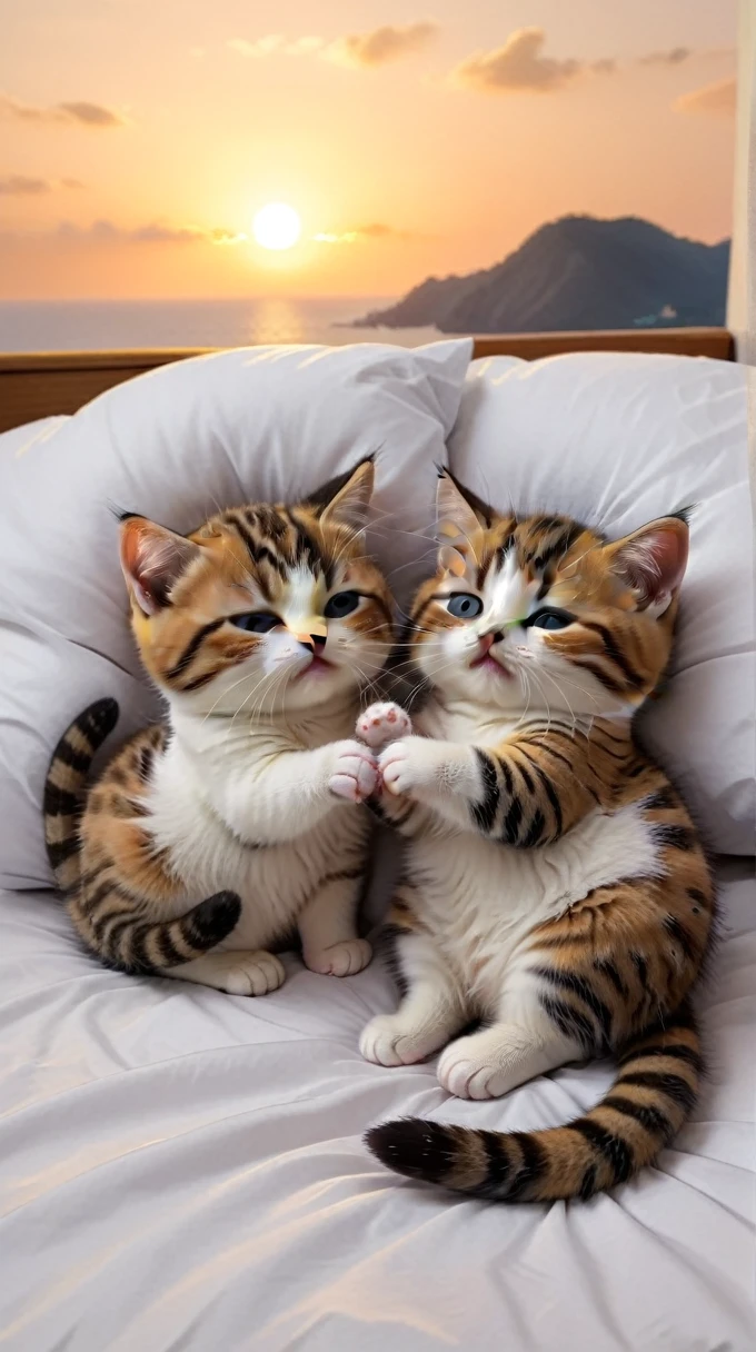 With the sunset in the background,(masterpiece:1.2, high quality), Sleep in bed together２Munchkin kittens、