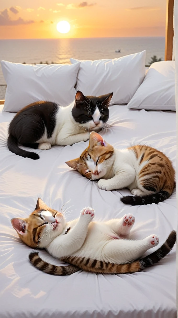 With the sunset in the background,(masterpiece:1.2, high quality), Sleep in bed together2Munchkin kittens、