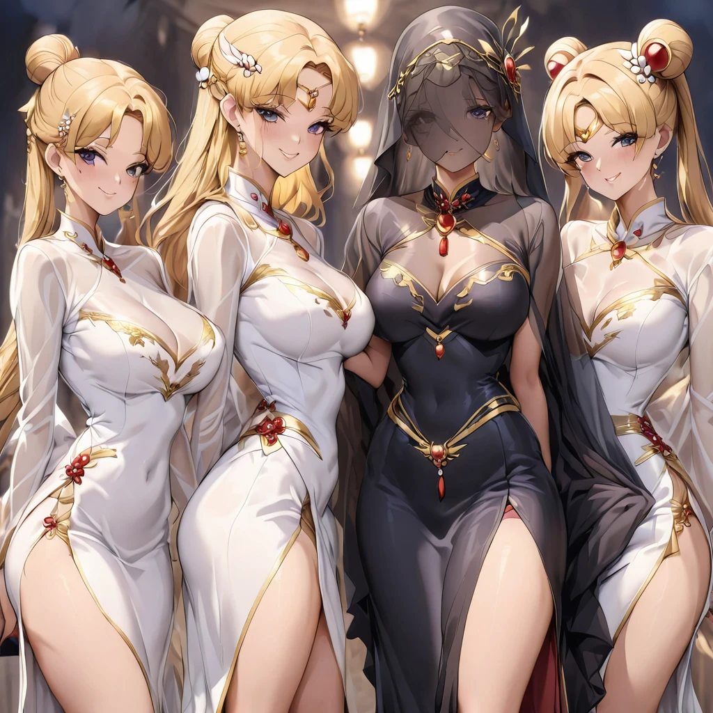 ((Highest quality)), ((masterpiece)), (detailed), (Perfect Face)、A woman with the same appearance but different clothing colors3People are lining up、The woman is wearing a gorgeous, glittering, long-slit see-through Chinese dress with gold embroidery, a black veil and a black see-through cape, as well as a gorgeous hair ornament and gorgeous jeweled accessories.、The woman is the elegant Tsukino Usagi, with long blonde hair in a chignon twin tail.