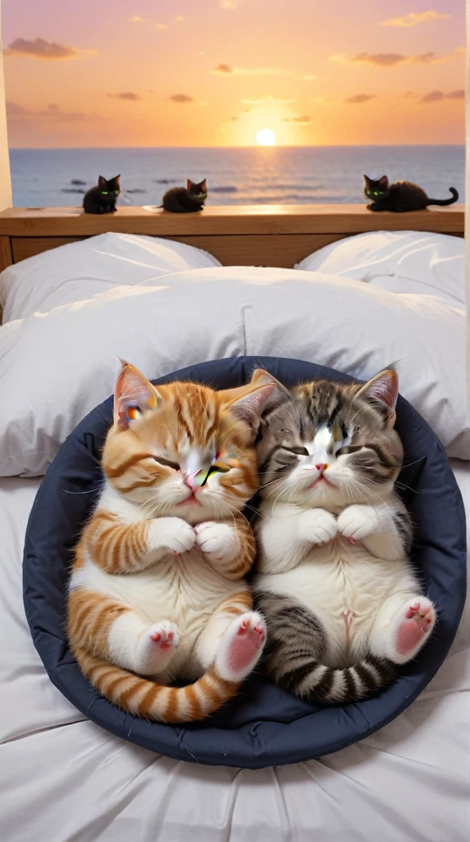 With the sunset in the background,(masterpiece:1.2, high quality), Sleep in bed together2Munchkin kittens、