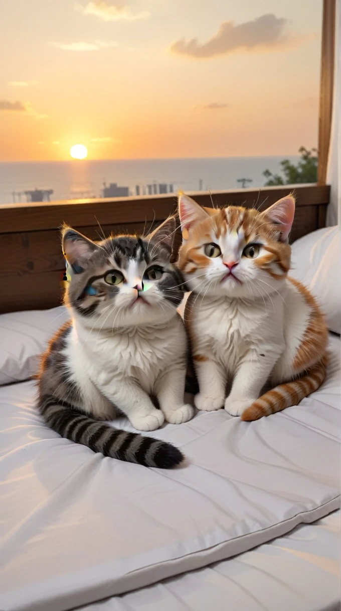 With the sunset in the background,(masterpiece:1.2, high quality), Sleep in bed together2Munchkin kittens、
