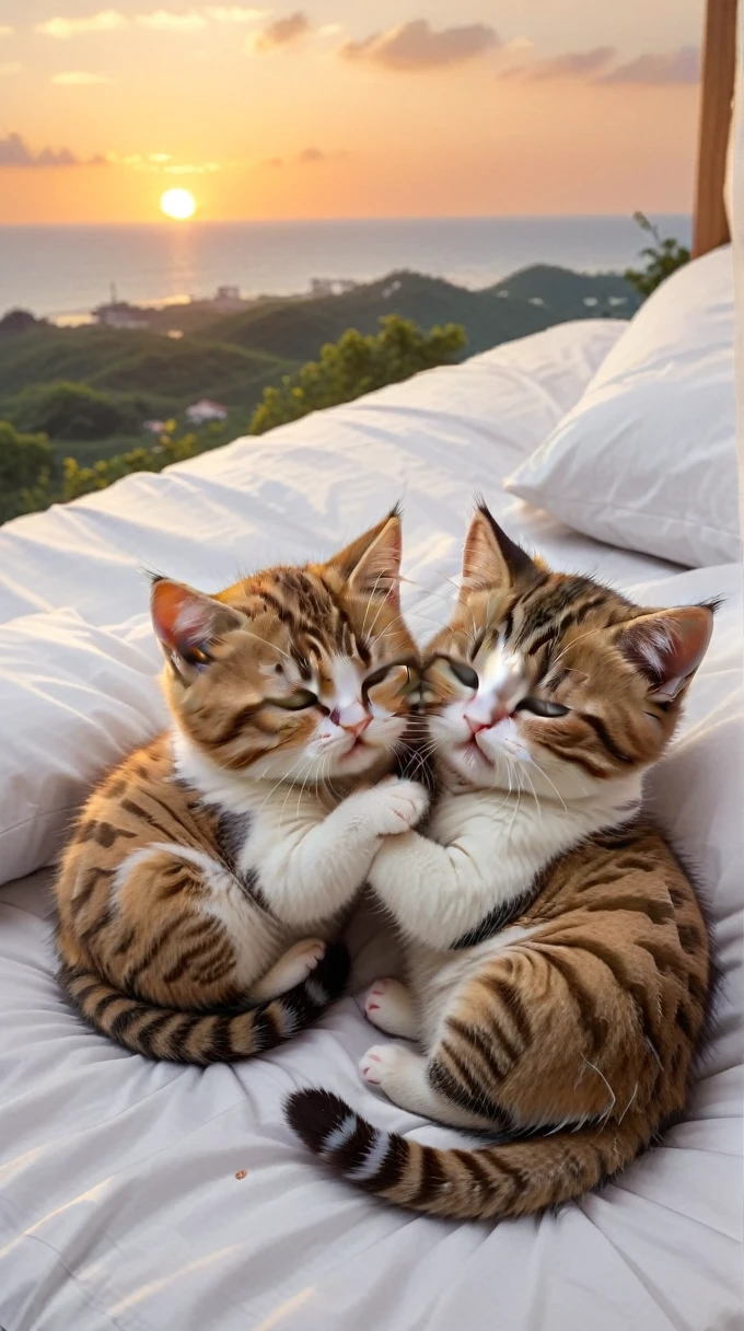 With the sunset in the background,(masterpiece:1.2, high quality), Sleep in bed together２Munchkin kittens、