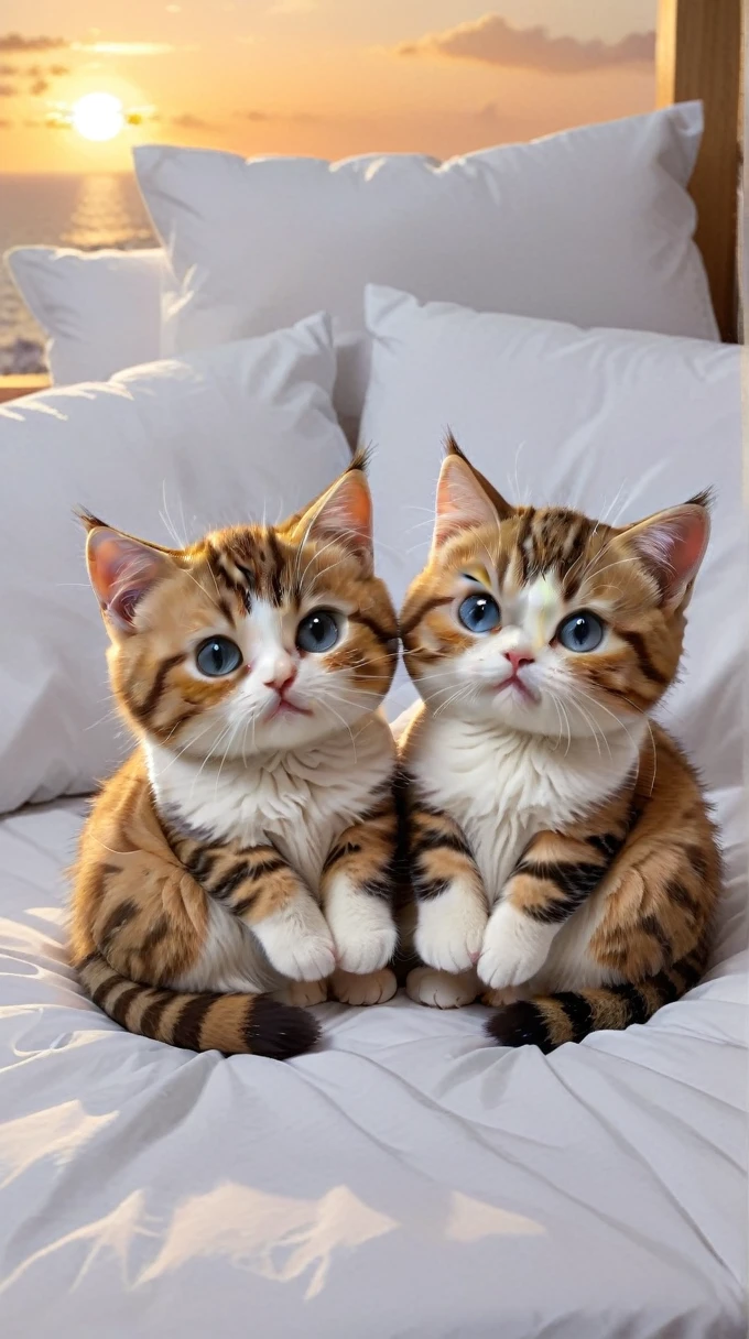 With the sunset in the background,(masterpiece:1.2, high quality), Sleep in bed together２Munchkin kittens、