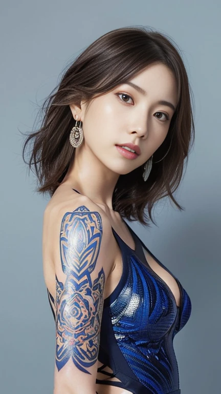 Anime-style woman, thin, thin, whole body, Full of tattoos, Lots of earrings, Beautiful and shiny hair, Rainbow Eyes, Slanted Eyes, Wavy Hair, Kind and charming, shoulderを露出させる, Delicate and sexy collarbone, Attractive oval face, double eyelid, Pink Lips, Small Nose, Concentrated face, Ultra-high resolution, Very detailed, Graceful posture, Nice, ultra-thin, See through, Cobalt blue Bishamon tortoiseshell pattern mesh tight dress,(arm、shoulder、Tribal tattoo pattern body paint on chest),Glowing Skin, Realistic Background, sunlight,(From below:1.3),(Looking down, Display in viewer:1.3)