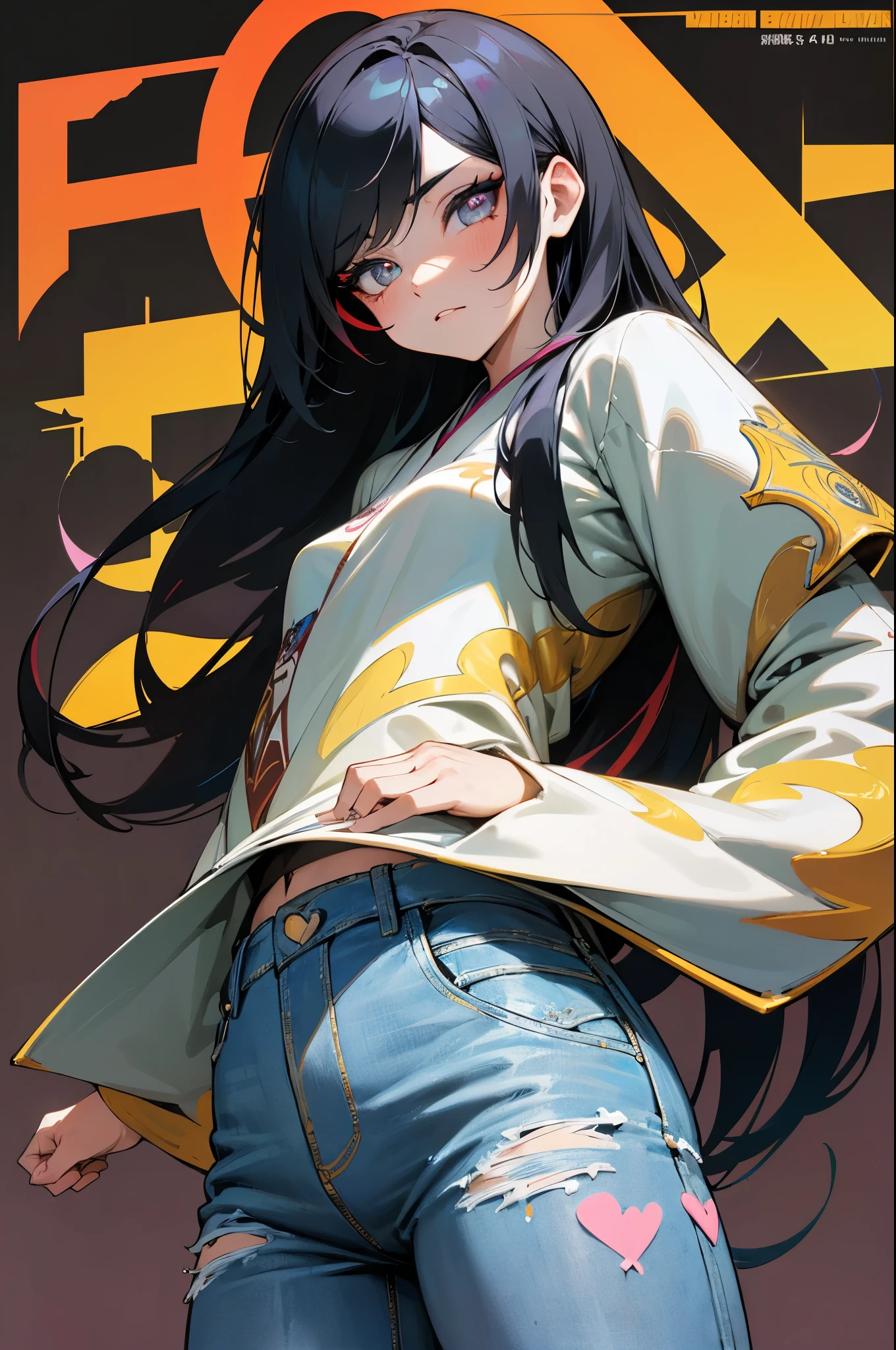 Background Story, Mixed-language_texto, japanese graffiti letters , Ashley Alexiss Linda , long black hair, Excellent lighting, side-lighting, perfect ultimate (flat heart: 1.3), (magazine_cover: 1.4), (multicolor_Background Story: 1.3), striped_Background Story, card_Background Story, : Discs with sharpening, shiny blades in hand :: circular pieces of white metals glued to the ultra detailed arms coming out of shimmering glow, black star design printed in the middle of the shirt , Perfect and detailed sculptural body, ultra-detailed shirt with an abstract design and a print of Japanese letters in graffiti on the sides of the clothing, worn jeans, large breasted, with immersive effects, hover effect, Tribal tattoo graffiti style background with vibrant colors, "HDR Ultra Gradient Colors| | |" detailed and with focus effect, (Masterpiece artwork: 1.2, best qualityer), (beautiful eyes with huge finely detailed eyelashes: 1.2), , ((standing alone)), (finely detailed eyes and detailed face :1.3), Perfect hands with 5 fingers and ultra detailed, spectacular background
