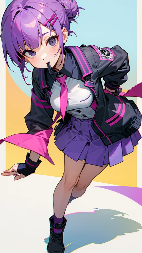 Top Quality, 8K, 4K, High Definition, Detail, (better-quality, 8K, 12), top-quality, 1 girl、purple short bob hair clip tied into a bun、black eyes、small breasts、uniform、gray jacket with pink line、blue skirt、 fingerless gloves、thighs、Ilcha fousing on her, surprise face, having her handon her face, making cute expressing face. picture pose, she is standing up, she has a loil pop in her mouth, she up close only showing her wraist and up.