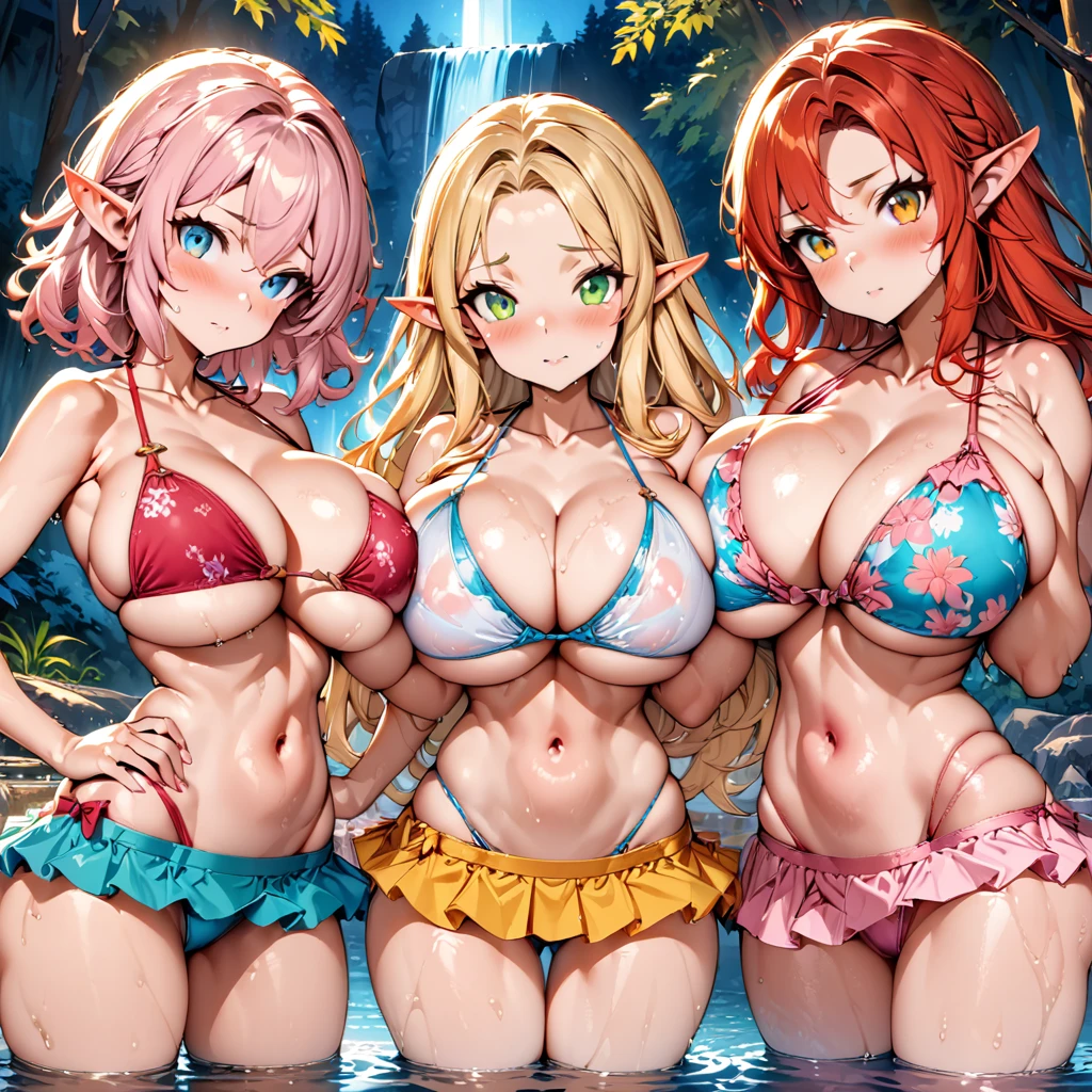 (masterpiece), (highest quality), (illustration), (super detailed), (high resolution), absurdity, 3girls,elf princess,toragao,blush,[[patterned string bikini,floral string bikini,layered bikini]],blonde hair,red hair,light pink hair,long hair,short hair,green eyes,orange eyes,blue eyes,night,forest lake,waterfall,looking at viewer,bimbo,cowboy shot,water,wet,girls morphing into fish