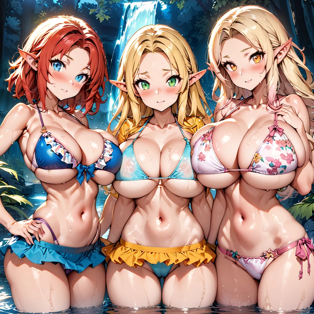 (masterpiece), (highest quality), (illustration), (super detailed), (high resolution), absurdity, 3girls,elf princess,toragao,blush,[[patterned string bikini,floral string bikini,layered bikini]],blonde hair,red hair,light pink hair,long hair,short hair,green eyes,orange eyes,blue eyes,night,forest lake,waterfall,looking at viewer,bimbo,cowboy shot,water,wet,girls morphing into fish