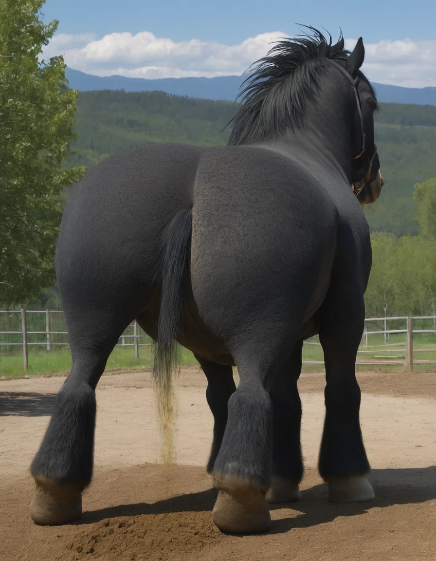 full rear view of a very huge fat  very hairy (200) black(100) draft  horse stallion with 2 big lumps of horse dung (50) dropping to the ground out of  rectum at the centre of a big bum and sliding down legs.  huge  volume of light yellow  urine pouring out f erect horse penis (20)  flooding (800) the ground under horse. facing away from view point - towards horizon. open ?????? and anus in full view  tail to left side. yellow gas gas jetting out of bum.  ((masterpiece)), ((best quality)), ((highres)), ((extremely detailed)), (( long distance back view)), (super realistic) . anatomically correct.  open field. bright sunny sky. (head(1,10), body, legs, hooves,(2.5)). hairy horse. 5 very large  piles of horse dung around back of horse(1,20).
