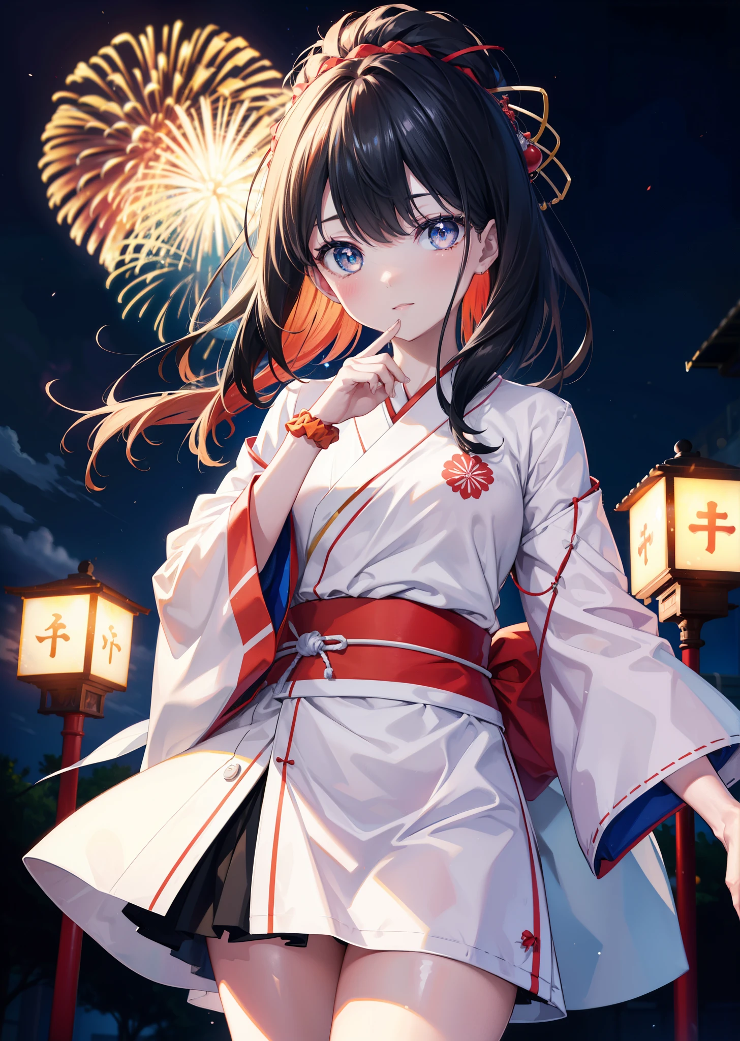 Takada Rokka, Black Hair, blue eyes, Long Hair, orange Scrunchie, Scrunchie, wrist Scrunchie, single hair band,White Kimono,Thick sleeves,Long skirt,日本のfestival,夏festivalの屋台,Red lantern,happy smile, smile, Open your mouth,Fireworks,The place is a fireworks display、Time is night,Walking,whole bodyがイラストに入るように,
break outdoors, festival,
break looking at viewer, whole body,(Cowboy Shot:1. 5),
break (masterpiece:1.2), Highest quality, High resolution, unity 8k wallpaper, (shape:0.8), (Fine and beautiful eyes:1.6), Highly detailed face, Perfect lighting, Highly detailed CG, (Perfect hands, Perfect Anatomy),