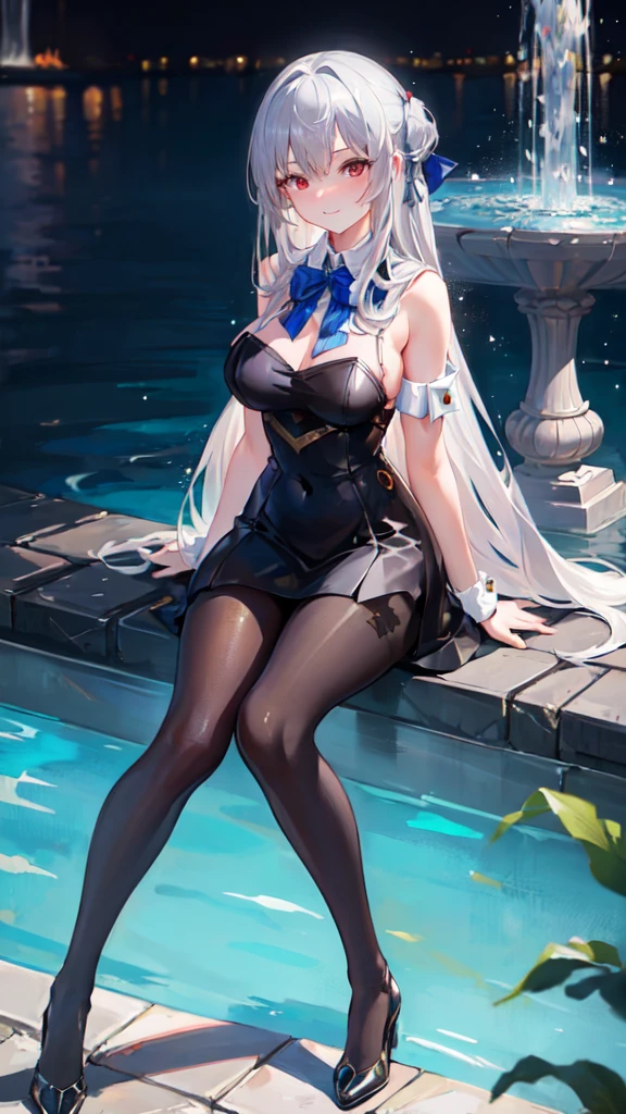 (((masterpiece))), best quality, 1girl, ((pantyhose)), silver hair, red eyes, park in the night with fountains background, looking at viewer, smile, busty, highly detailed face,highly detailed eyes, sitting, hi resolution,4k, mature, , blushing, excited, panchira