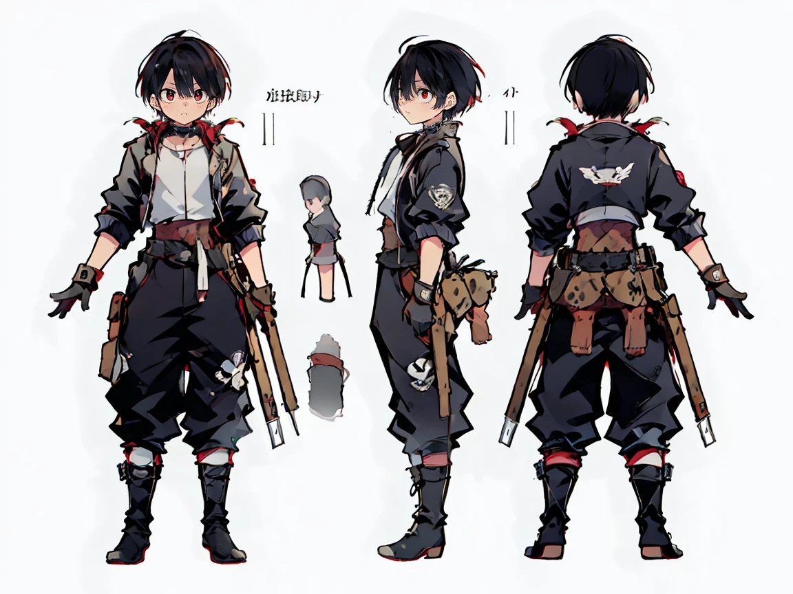 (((three-sided view, front view, side view, back view, multiple views, multiple poses and expressions, many parts)), concept art, character concept art, character sheet, Full body, illustration, (simple background, gray background), 1 character, 1girl, fantasy art:1.1), rekkyou sensen,rekkyo sensen, hasuichi nishizono, short hair, black hair, red eyes, boy, male, anime,1boy, bangs, hair between eyes, jacket, looking at viewer, male focus, solo, zipper, black clothes, black gloves, long pants, shot boots, silver choker