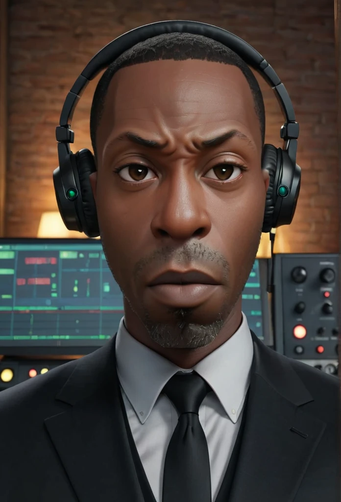 Pixar animation of ,shawt, a black man,in a black suit ,facing the camera standing next to a recording console , focus face, holding headphones with a title logo that reads (text:"shawt sanders mynded!")