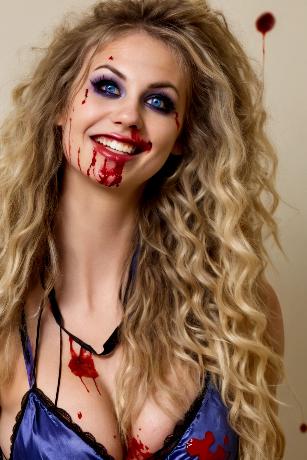  (age 25) a psychotic psyco ex girlfriend  (crazy makeup, long messy hair, strappy tattered lingerie, curved lips, smile teeth showing, vibrant enlarged sapphire crazy eyes, blood spattered bedroom, blood splattered over body, bood splattered on lingerie, 