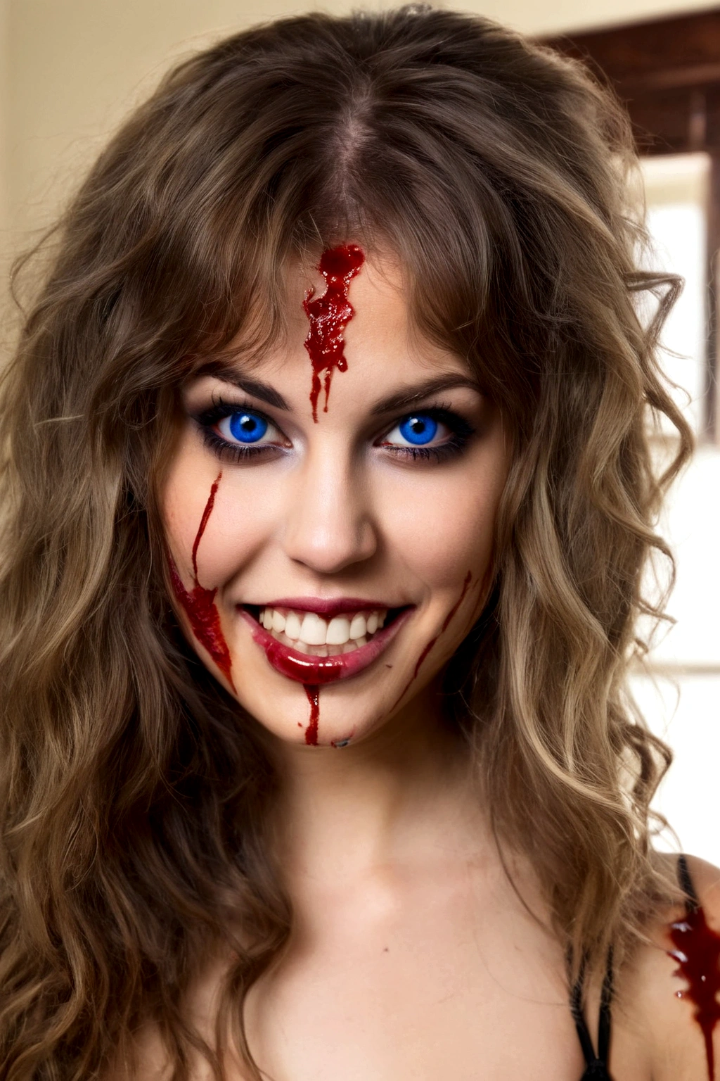  (age 25) a psychotic psyco ex girlfriend  (crazy makeup, long messy hair, strappy tattered lingerie, curved lips, smile teeth showing, vibrant enlarged sapphire crazy eyes, blood spattered bedroom, blood splattered over body, bood splattered on lingerie, 