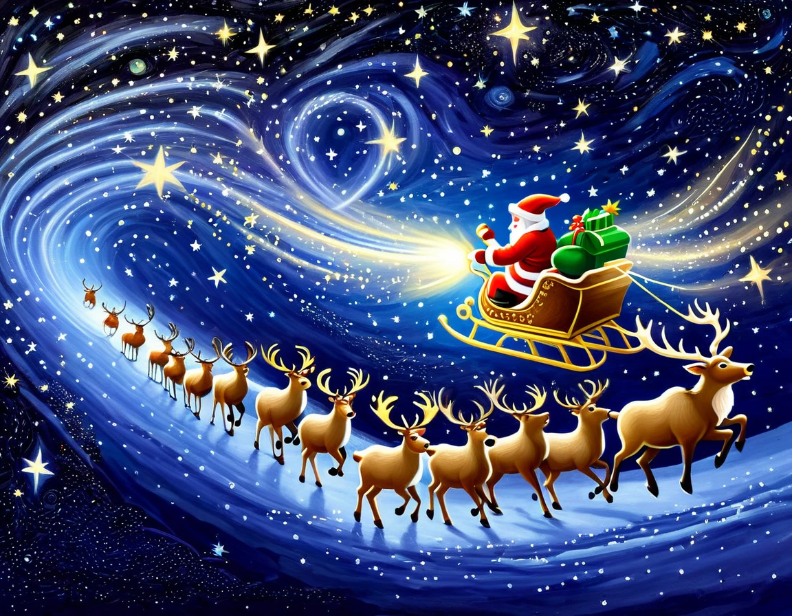 Santa Claus and his reindeer team soaring through a starry night sky, guided by the North Star