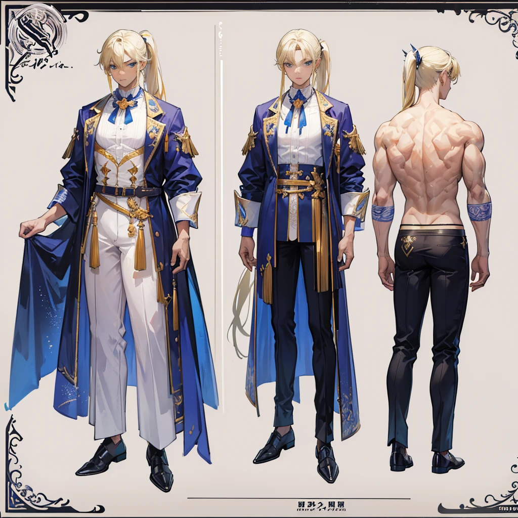 (Masterpiece, best quality), detailed, 1 man, ((character concept art)), ((character design sheet, same character, front, side, back)), full body, body complete, 1 Male angel, 1 Man angel, Detailed face, character design sheet，full bodyesbian, Highly detailed, character sheet, character design, Many parts, dark skin, angel wings, long ponytail blonde hair, angel outfit, muscle male god, male clothes, masculine, muscle man, male muscle, manly, male angel, Muscle male with long ponytail blonde hair，beautiful man, beautiful muscle man