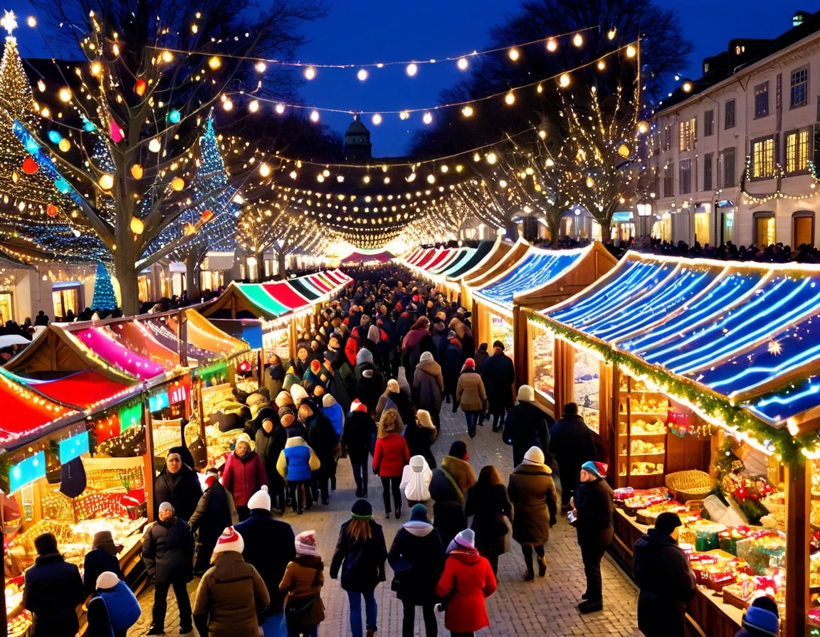 A festive holiday market scene with colorful stalls, twinkling lights, and people joyfully shopping for gifts
