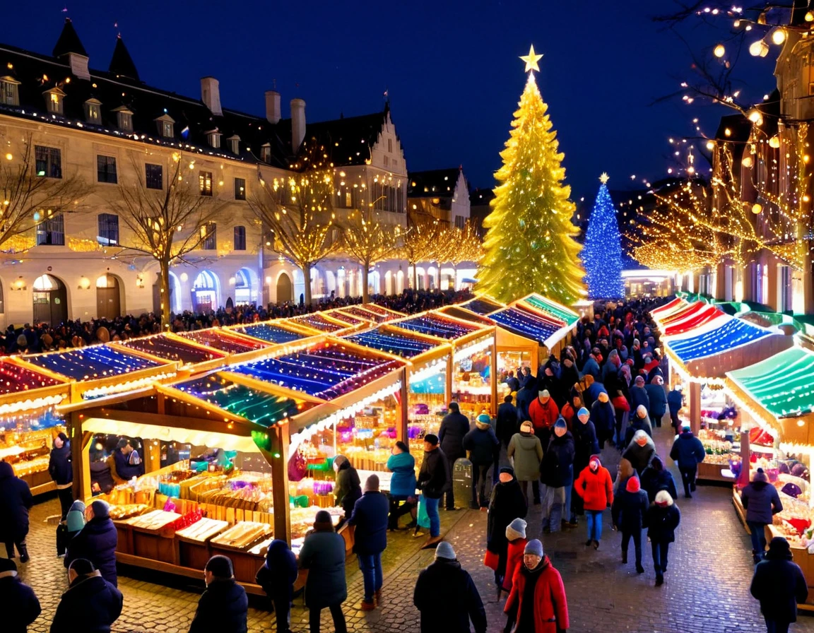 A festive holiday market scene with colorful stalls, twinkling lights, and people joyfully shopping for gifts