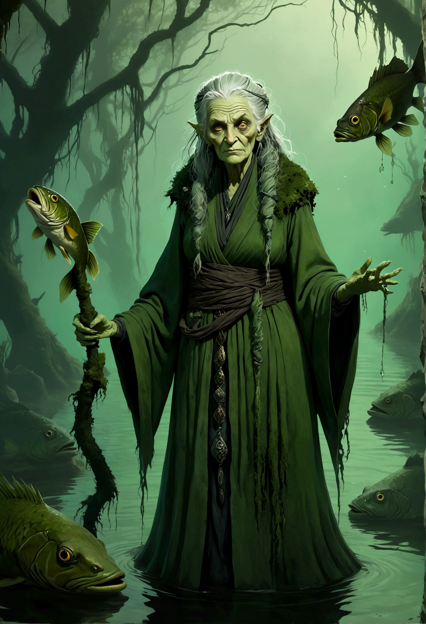 dnd hag, dnd npc, hag, an old woman with a twisted, bony face. Her hair is mossy green, and her eyes are murky like swamp water. Her skin is damp and cold, resembling the mud at the bottom of a lake. She wears a dark green robe adorned with lake algae and fish scales.